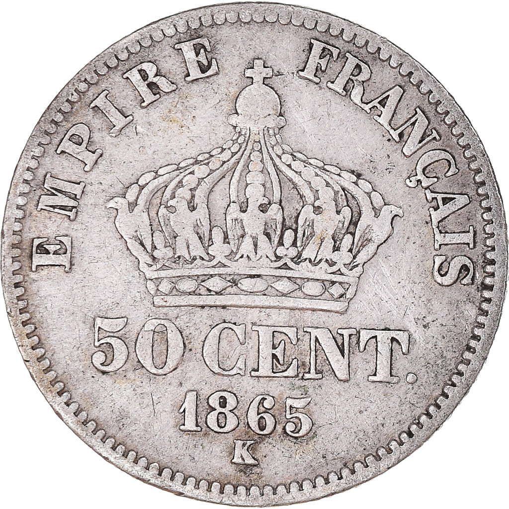 Moneta, Francia, Napoleon III, 50 Centimes, 1865, Paris, MB+, Argento, KM:814.1