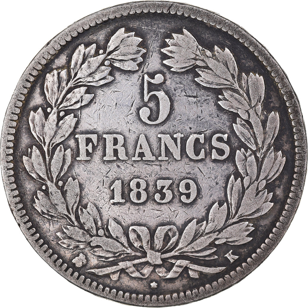 Moeda, França, Louis-Philippe, 5 Francs, 1839, Bordeaux, VF(30-35), Prata