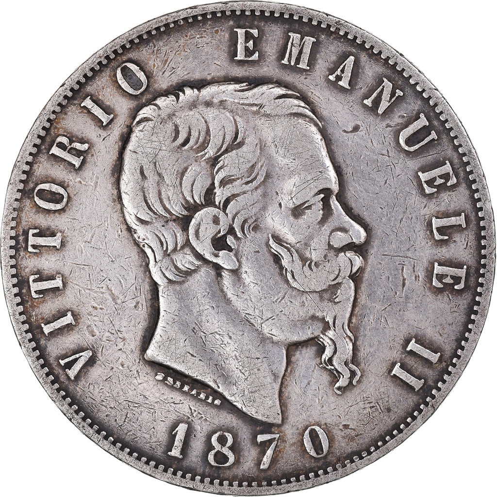 Moneda, Italia, Vittorio Emanuele II, 5 Lire, 1870, Milan, BC+, Plata, KM:8.3