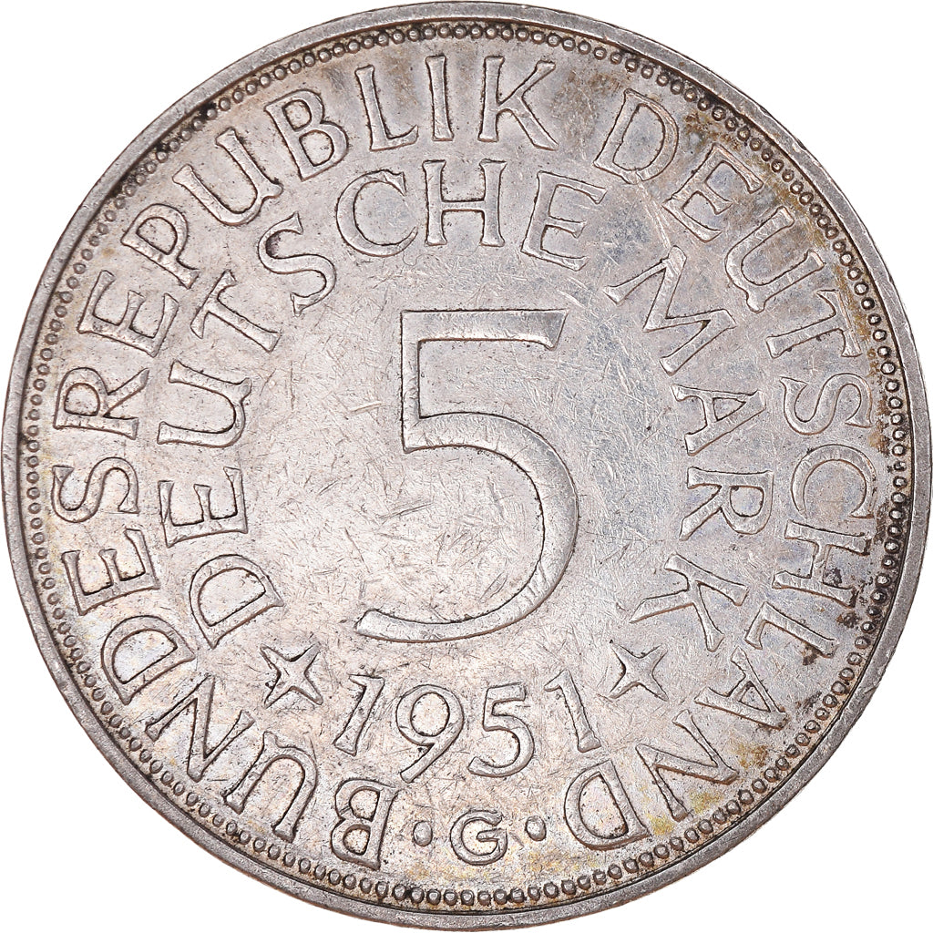 Coin, GERMANY - FEDERAL REPUBLIC, 5 Mark, 1951, Karlsruhe, EF(40-45), Silver