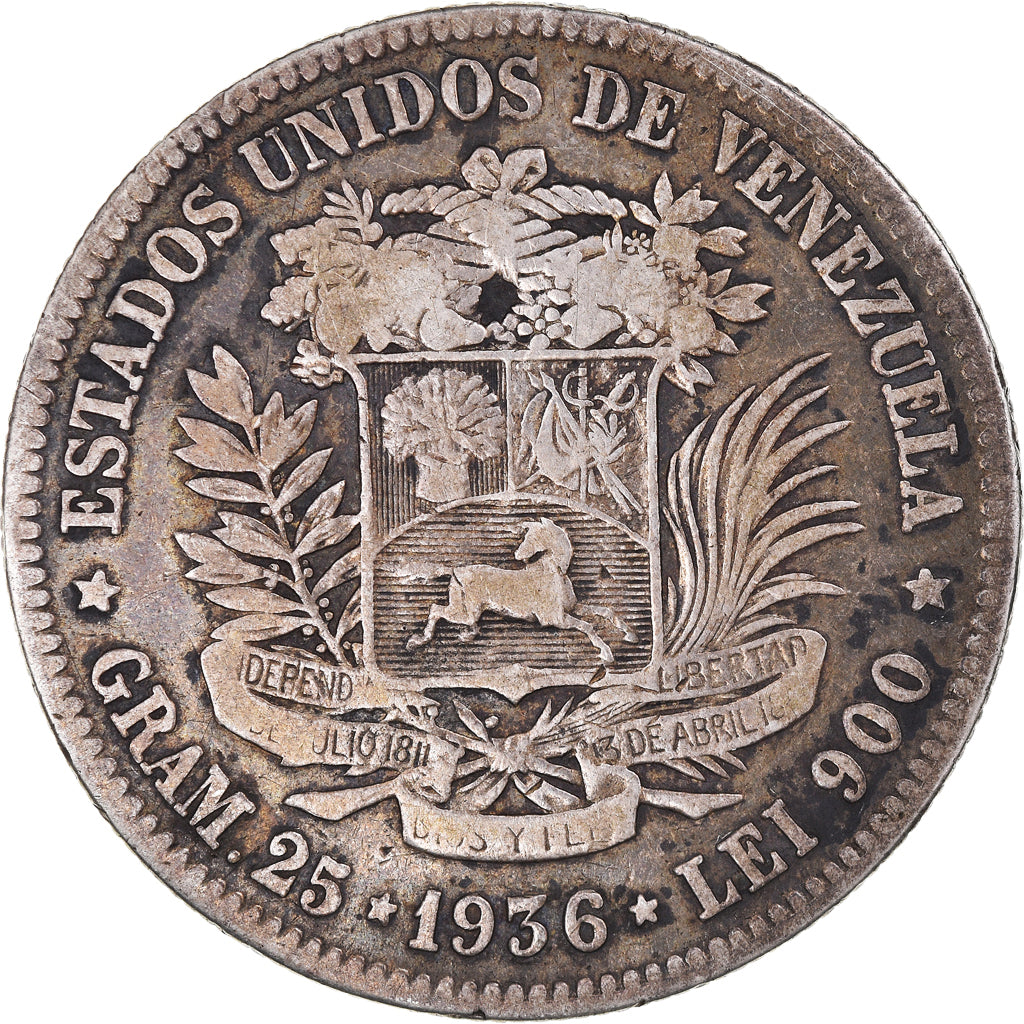 Munten, Venezuela, Gram 25, 5 Bolivares, 1936, FR, Zilver, KM:24.2