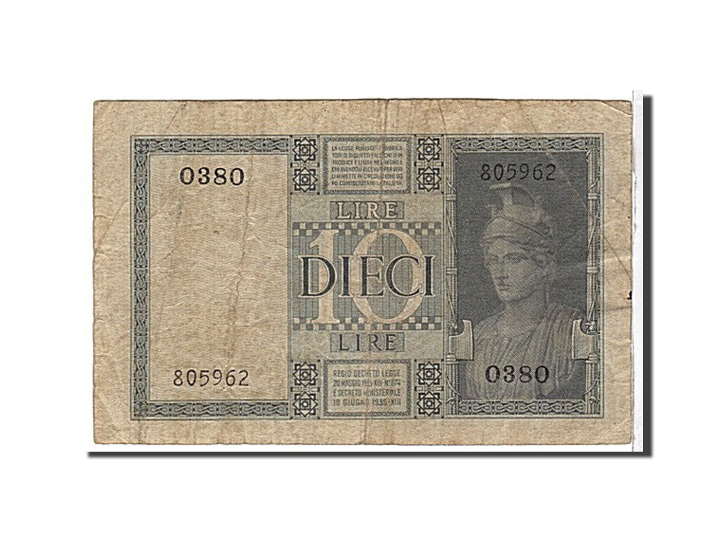 Italy, 10 Lire, 1938, KM #25b, VG(8-10), 0380805962