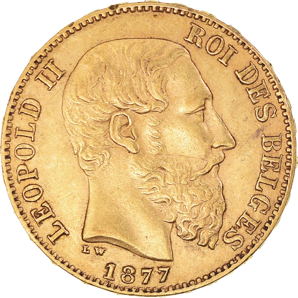 Coin, Belgium, Leopold II, 20 Francs, 20 Frank, 1877, AU(50-53), Gold, KM:37
