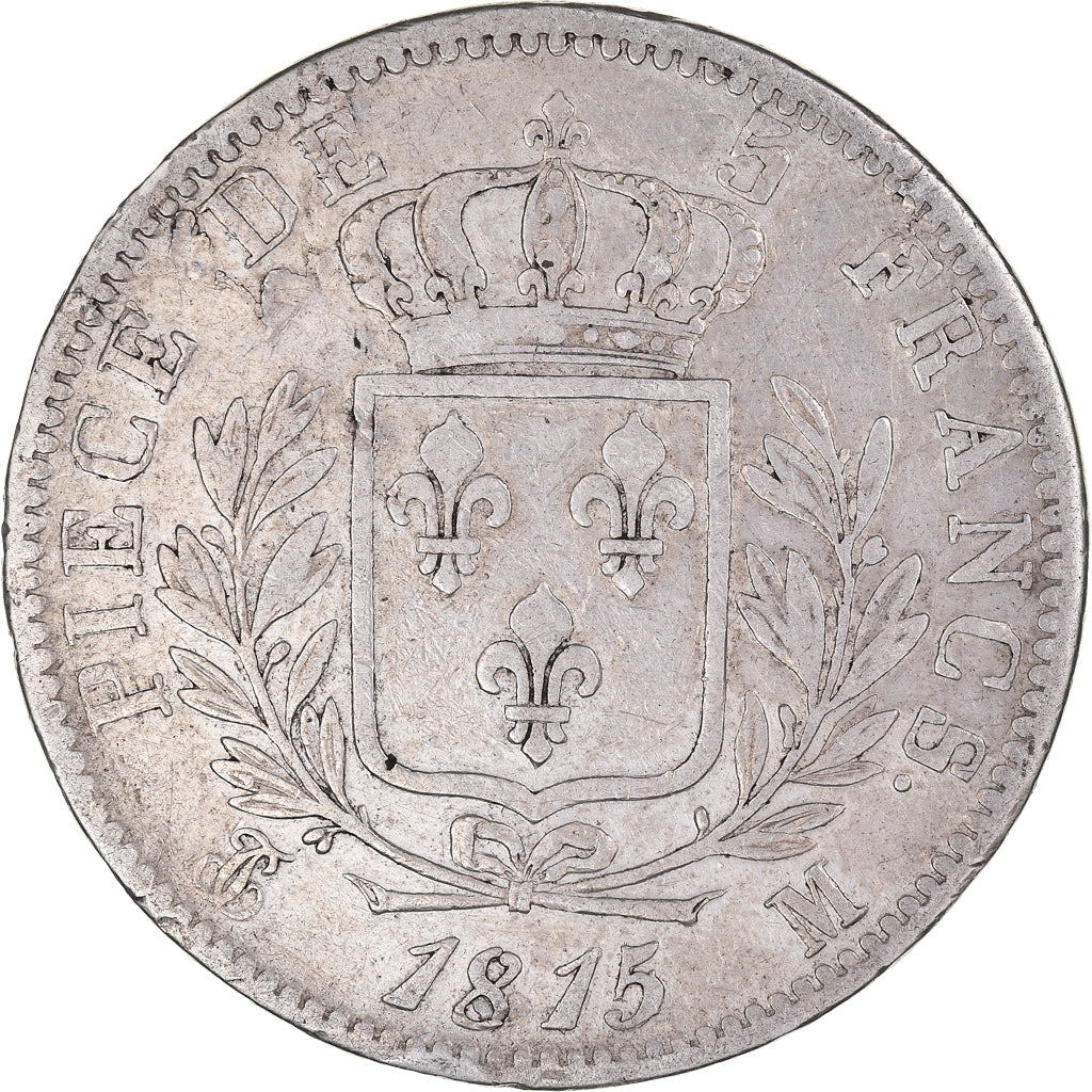 Moneda, Francia, Louis XVIII, Louis XVIII, 5 Francs, 1815, Toulouse, BC+, Plata
