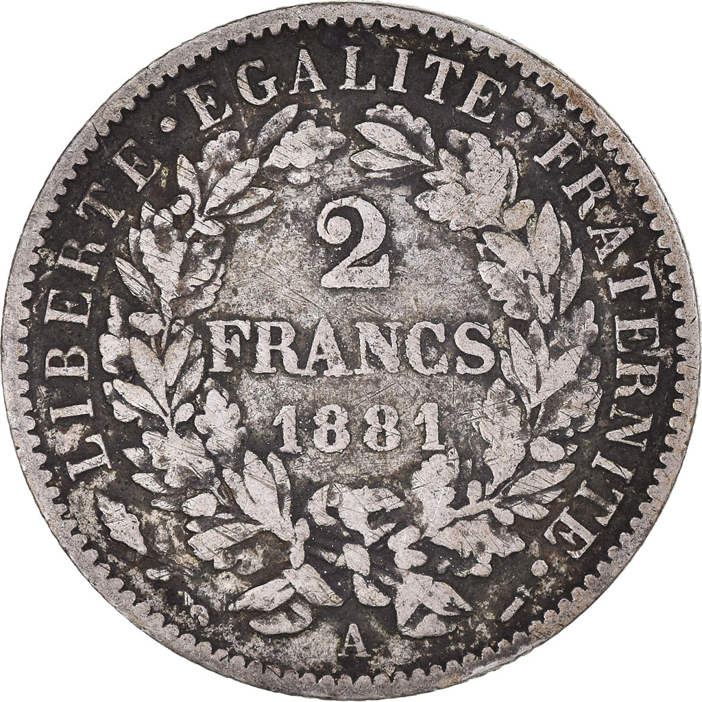 Moeda, França, Cérès, 2 Francs, 1881, Paris, EF(40-45), Prata, KM:817.1