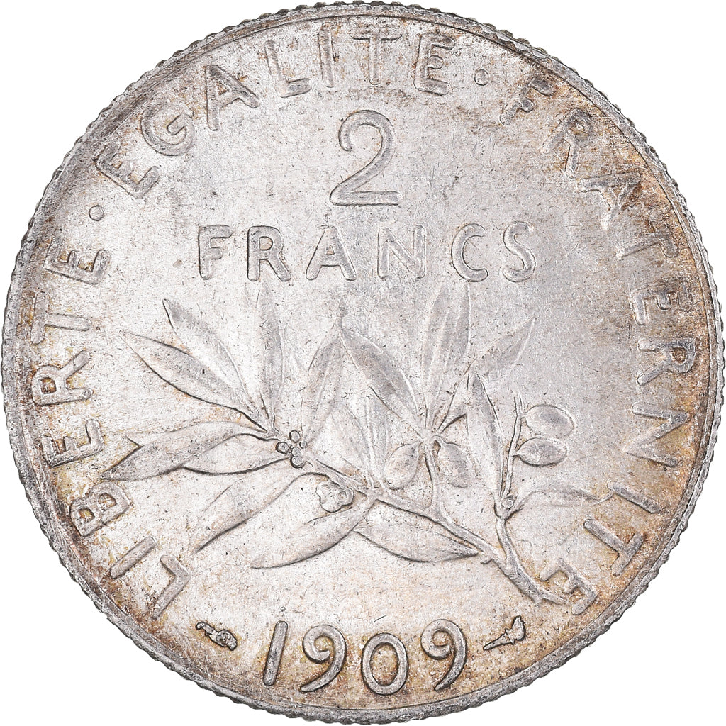 Moeda, França, Semeuse, 2 Francs, 1909, Paris, MS(60-62), Prata, KM:845.1