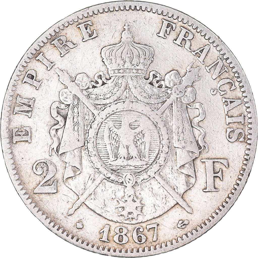 Moneda, Francia, Napoleon III, 2 Francs, 1867, Paris, BC+, Plata, KM:807.1