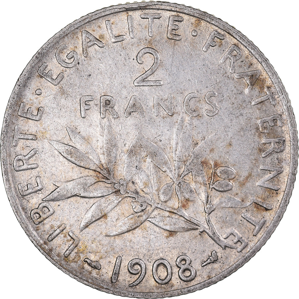 Coin, France, Semeuse, 2 Francs, 1908, Paris, AU(50-53), Silver, KM:845.1