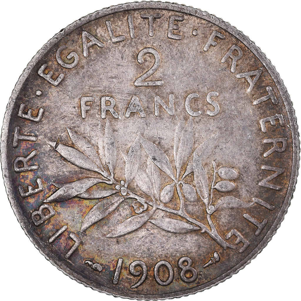 Moneta, Francia, Semeuse, 2 Francs, 1908, Paris, BB+, Argento, KM:845.1