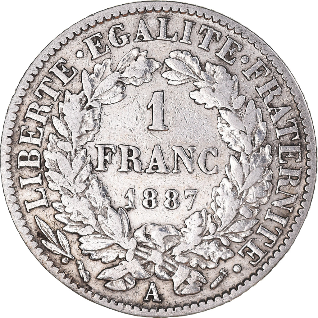 Moneta, Francia, Cérès, Franc, 1887, Paris, MB+, Argento, KM:822.1