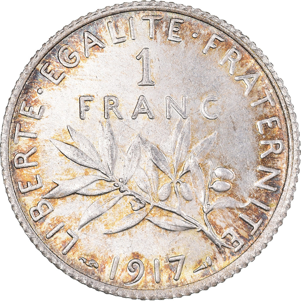 Moeda, França, Semeuse, Franc, 1917, Paris, MS(60-62), Prata, KM:844.1
