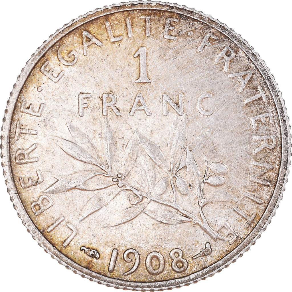 Moeda, França, Semeuse, Franc, 1908, Paris, EF(40-45), Prata, KM:844.1