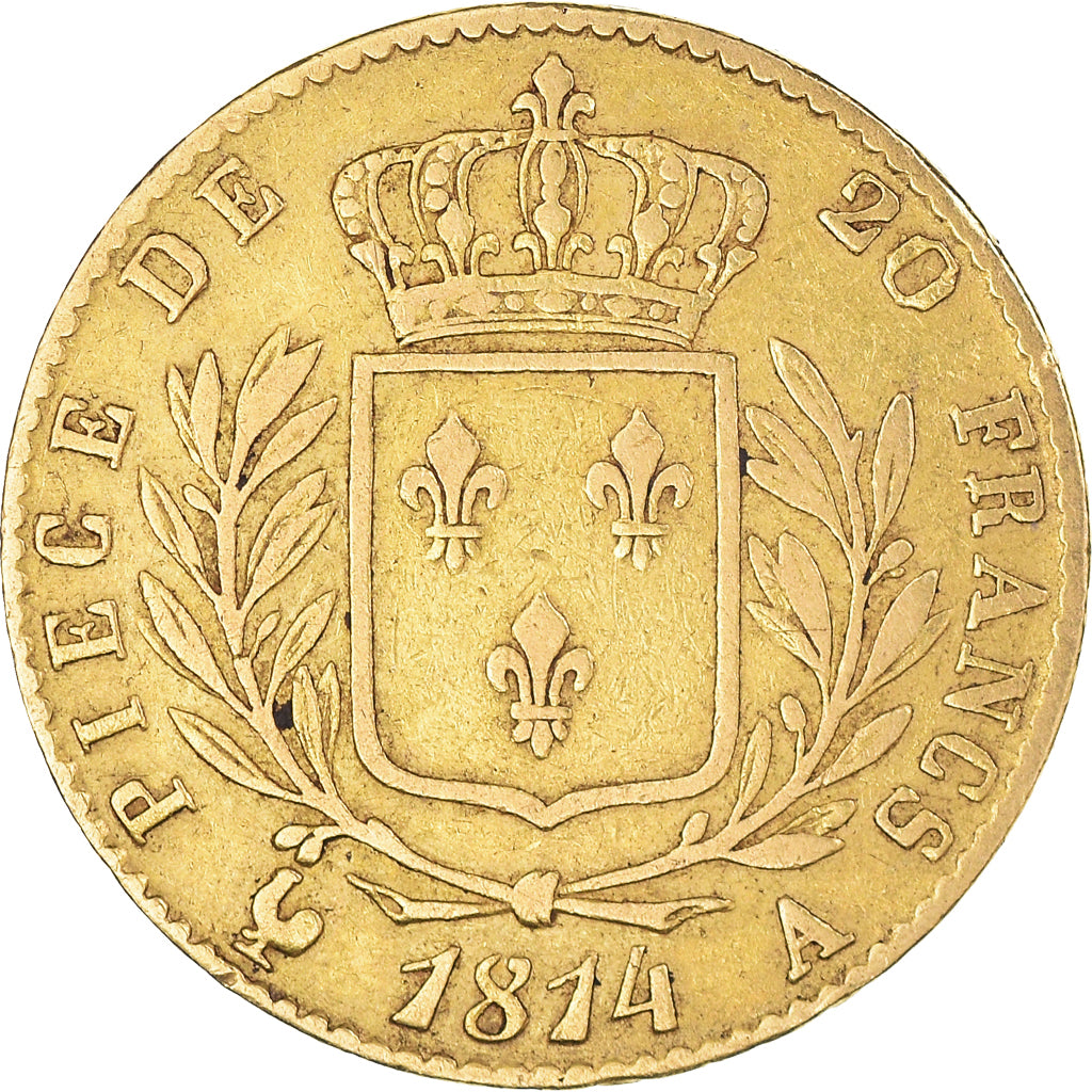 Moeda, França, Louis XVIII, 20 Francs, 1814, Paris, VF(30-35), Dourado
