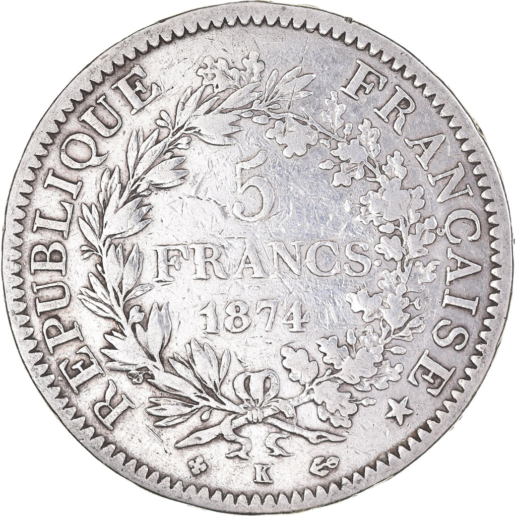 Münze, Frankreich, Hercule, 5 Francs, 1874, Bordeaux, S+, Silber, KM:820.2