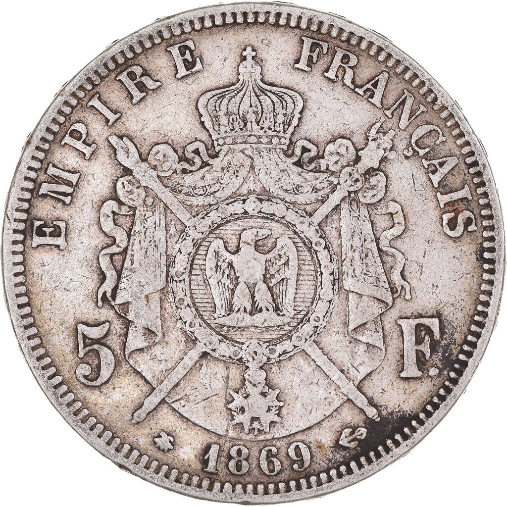Moeda, França, Napoleon III, 5 Francs, 1869, Paris, VF(30-35), Prata, KM:799.1
