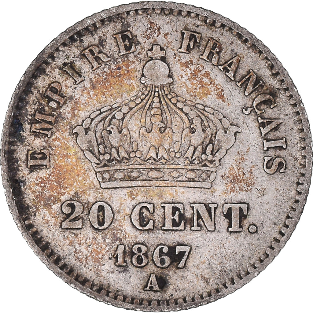 Moneda, Francia, Napoleon III, 20 Centimes, 1867, Paris, BC+, Plata, KM:808.1