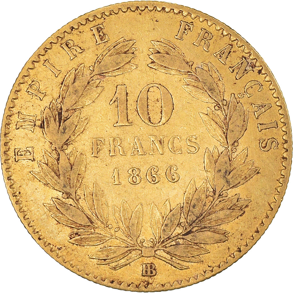 Moeda, França, Napoleon III, 10 Francs, 1866, Strasbourg, EF(40-45), Dourado