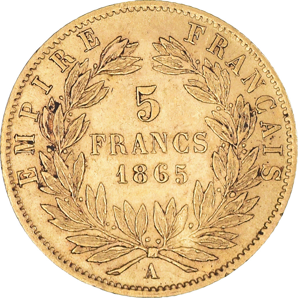 Moneda, Francia, Napoleon III, Napoléon III, 5 Francs, 1865, Paris, MBC+, Oro