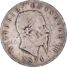 Moneda, Italia, Vittorio Emanuele II, 5 Lire, 1874, Milan, BC+, Plata, KM:8.3