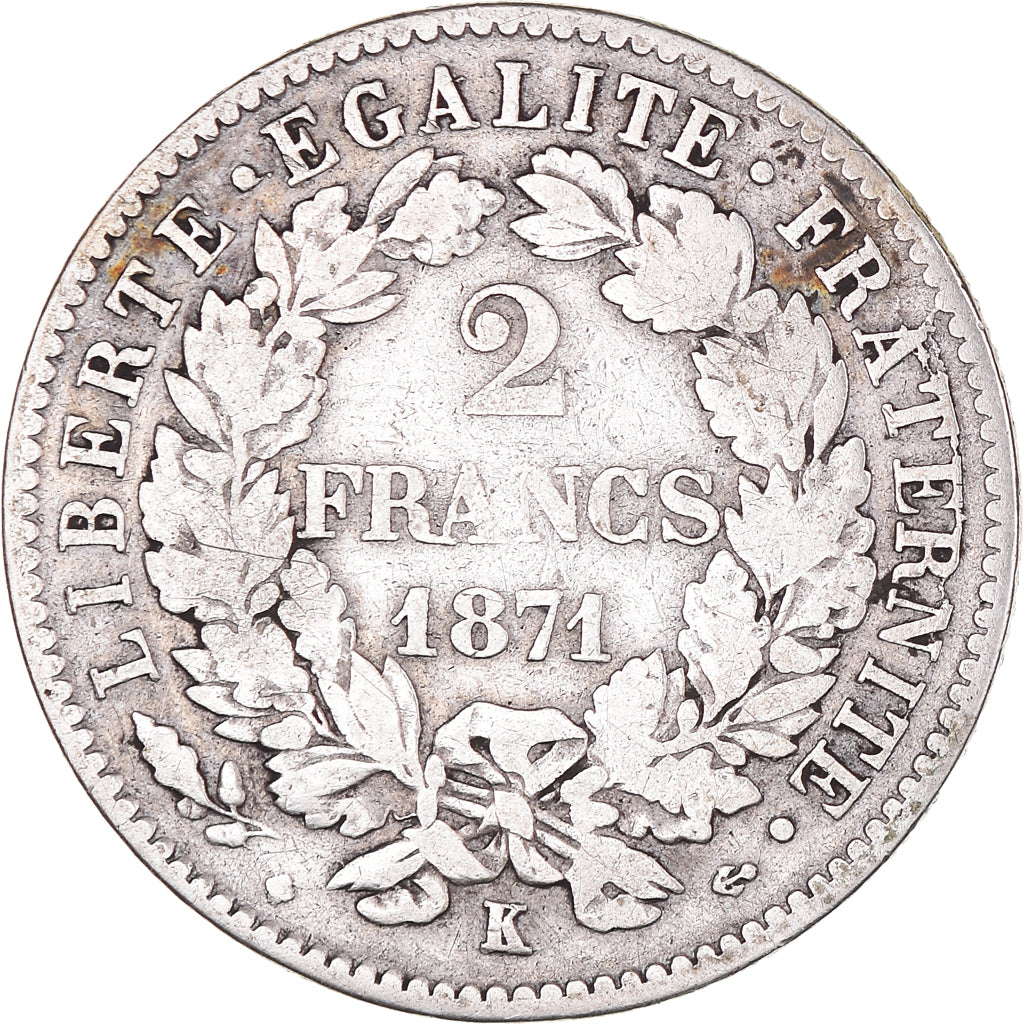 Münze, Frankreich, Cérès, 2 Francs, 1871, Bordeaux, S+, Silber, KM:817.2