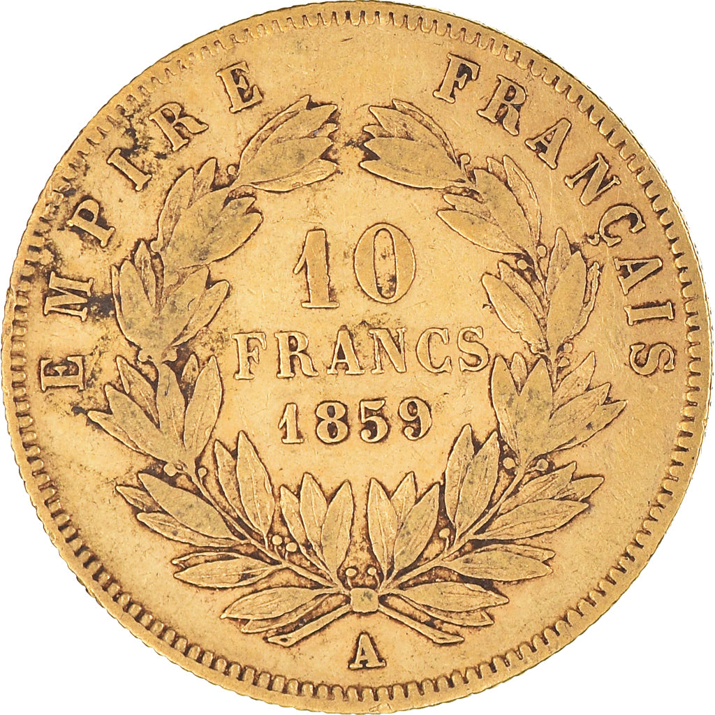 Moneta, Francia, Napoléon III, 10 Francs, 1859, Paris, MB+, Oro, KM:784.3