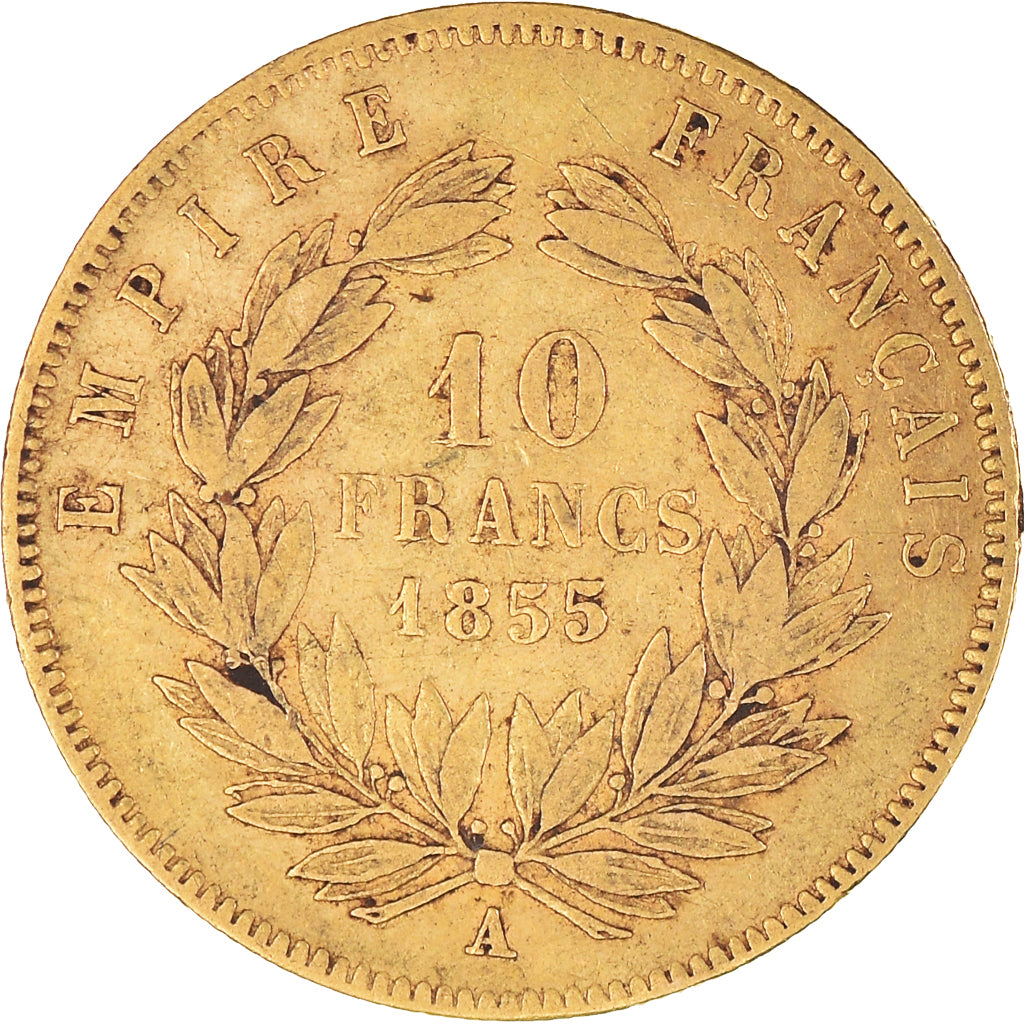 Moneda, Francia, Napoleon III, 10 Francs, 1855, Paris, BC+, Oro, KM:784.3
