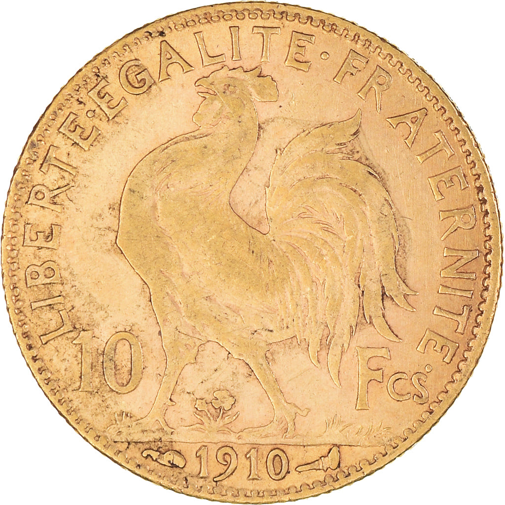 Moneta, Francia, Marianne, 10 Francs, 1910, Paris, Coq, BB+, Oro, KM:846