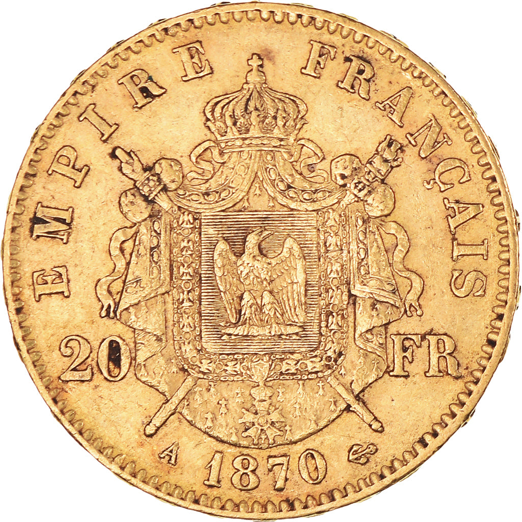 Moneta, Francja, Napoleon III, Napoléon III, 20 Francs, 1870, Paris, AU(50-53)