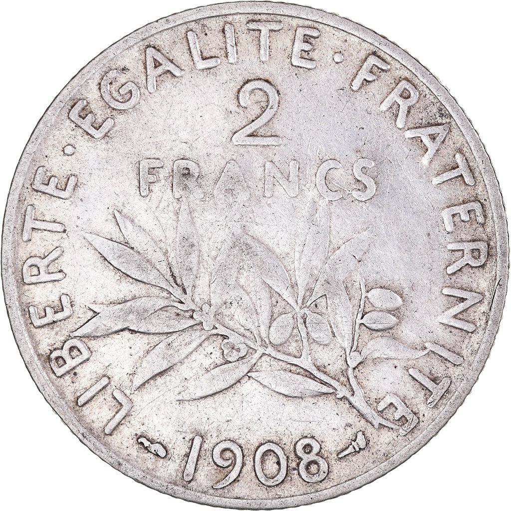 Moneta, Francia, Semeuse, 2 Francs, 1908, Paris, MB+, Argento, KM:845.1
