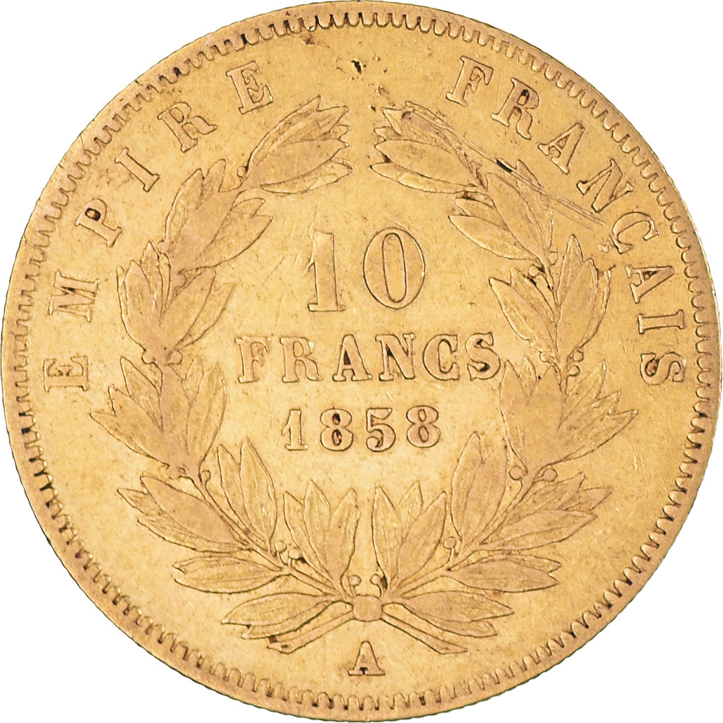 Moeda, França, Napoleon III, 10 Francs, 1858, Paris, EF(40-45), Dourado