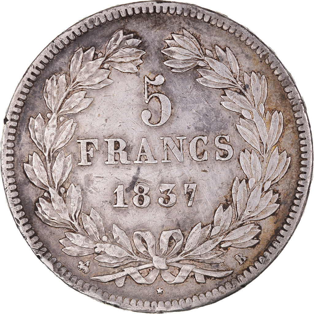 Coin, France, Louis-Philippe, 5 Francs, 1837, Rouen, EF(40-45), Silver
