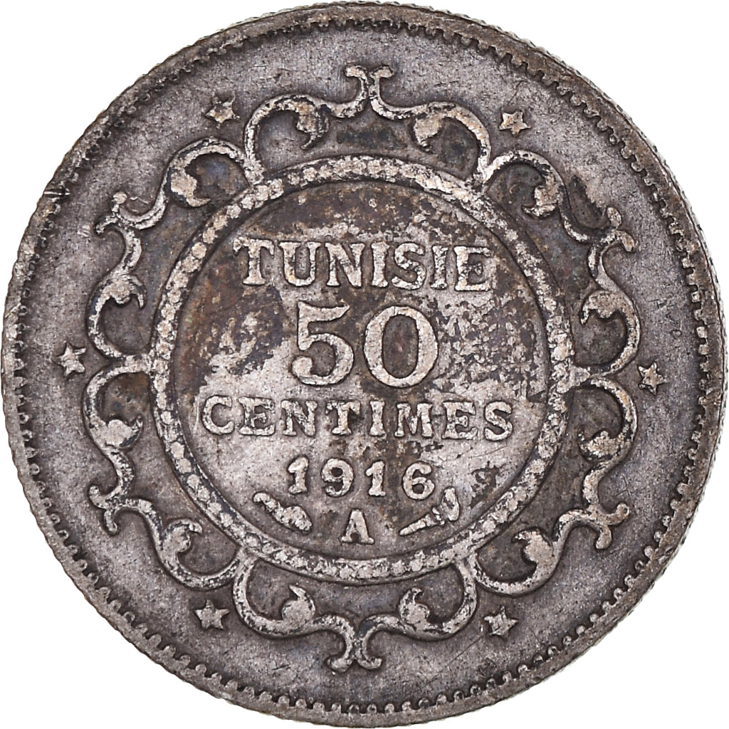 Coin, Tunisia, Muhammad al-Nasir Bey, 50 Centimes, 1916, Paris, EF(40-45)