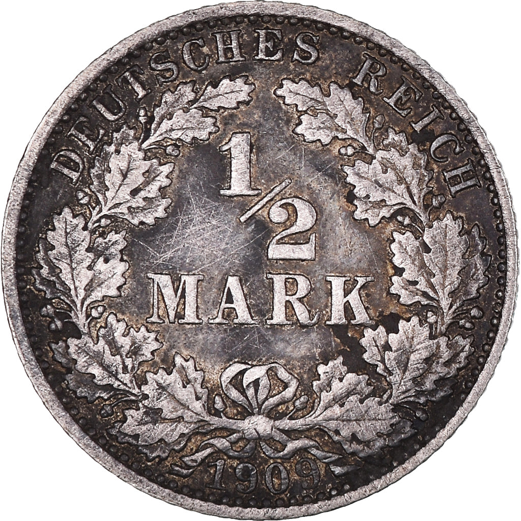 Coin, GERMANY - EMPIRE, 1/2 Mark, 1909, Munich, AU(50-53), Silver, KM:17