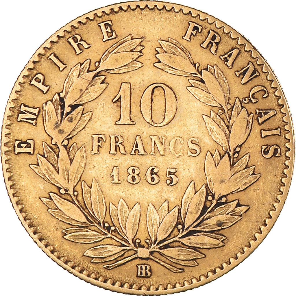 Moeda, França, Napoleon III, 10 Francs, 1865, Strasbourg, EF(40-45), Dourado