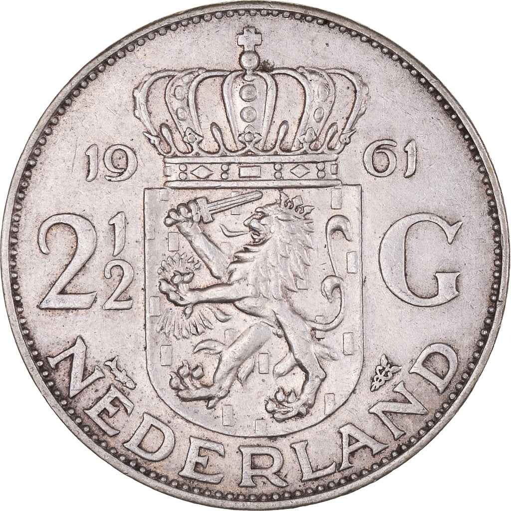 Coin, Netherlands, Juliana, 2-1/2 Gulden, 1961, EF(40-45), Silver, KM:185