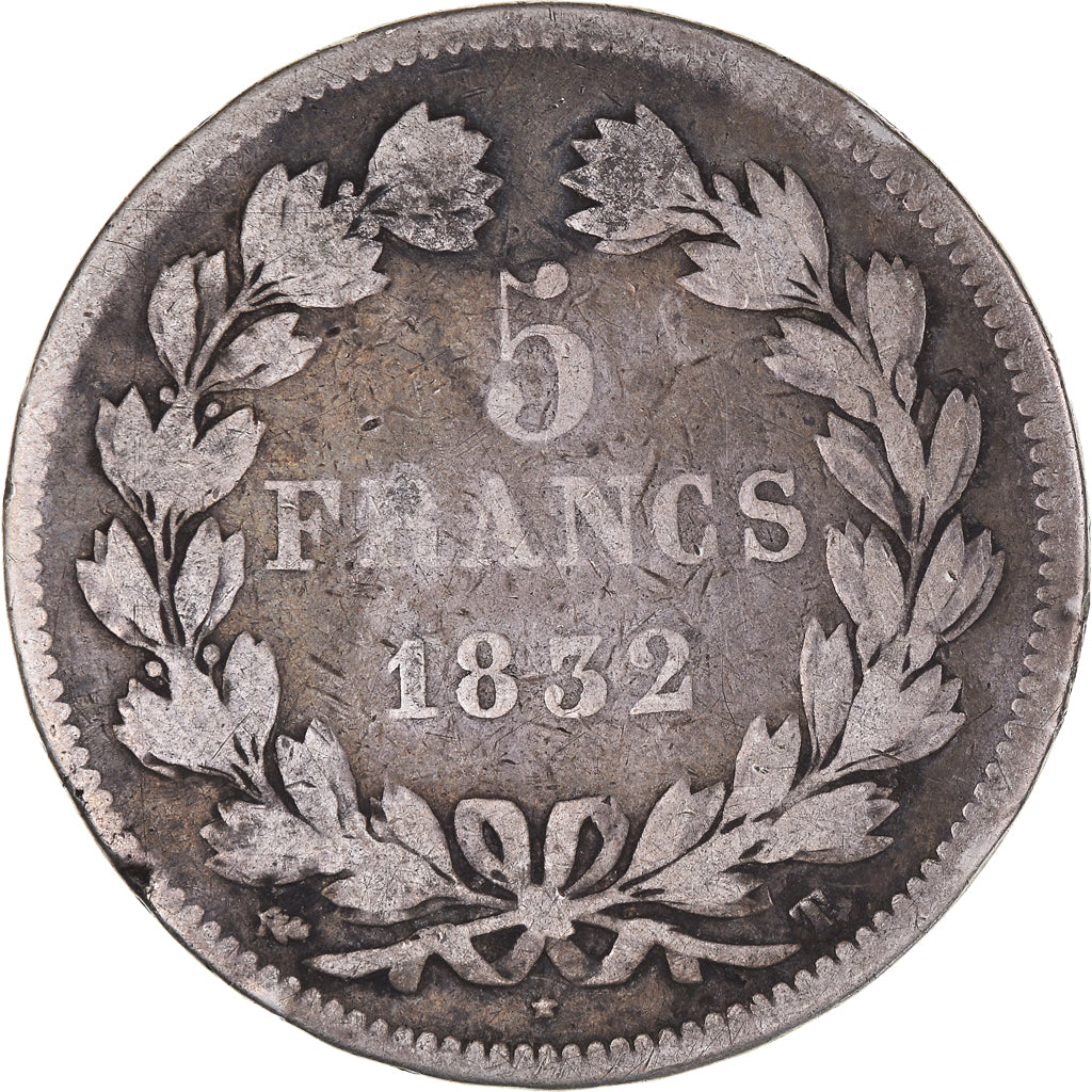 Moeda, França, Louis-Philippe, 5 Francs, 1832, Nantes, VF(30-35), Prata