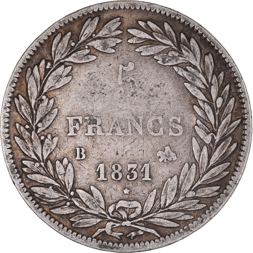 Moeda, França, Louis-Philippe, 5 Francs, 1831, Rouen, VF(30-35), Prata
