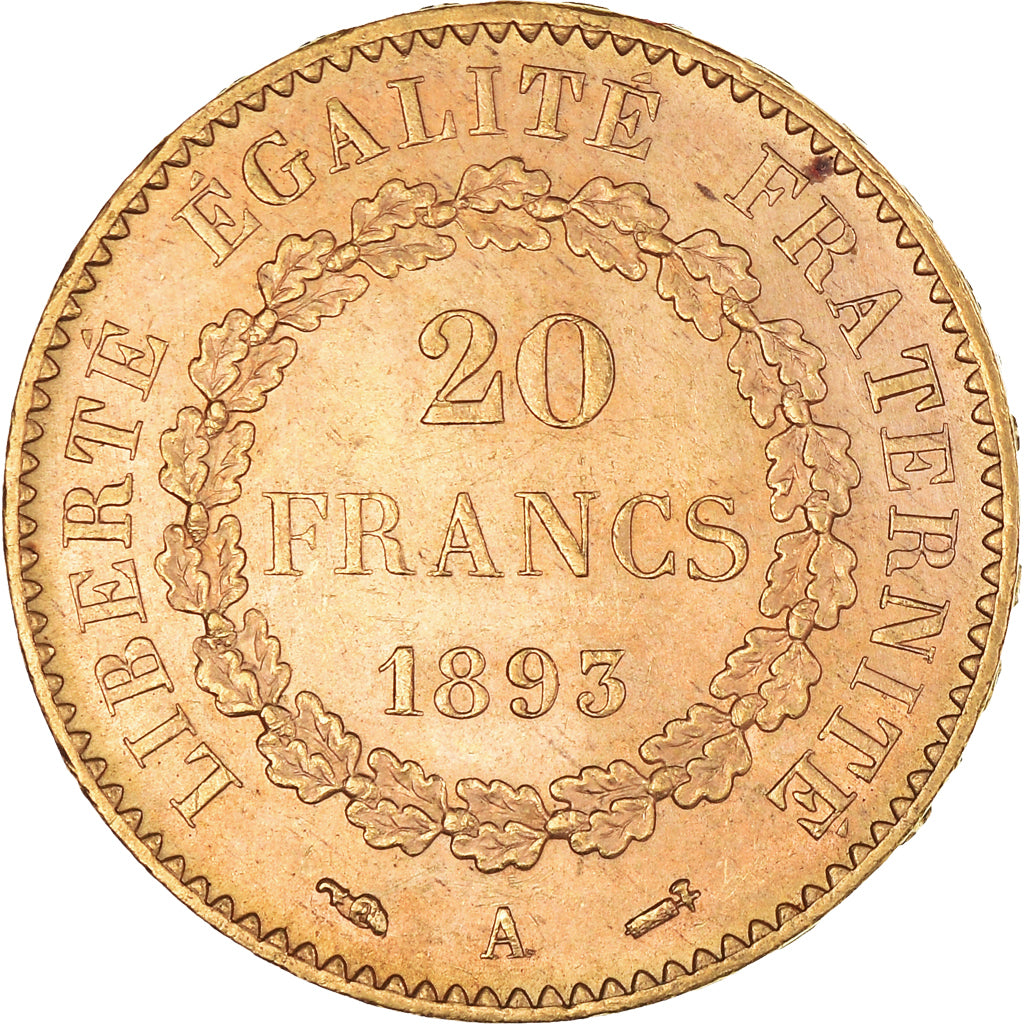 Moneta, Francja, Génie, 20 Francs, 1893, Paris, AU(50-53), Złoto, KM:825