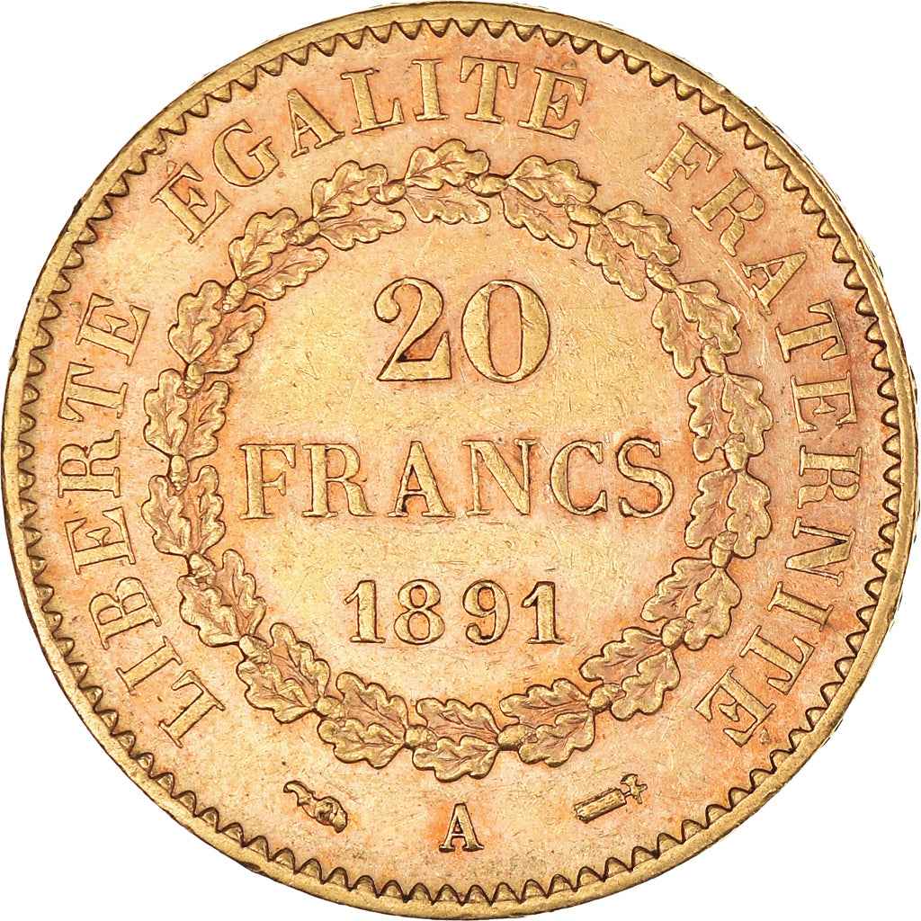 Moeda, França, Génie, 20 Francs, 1891, Paris, AU(55-58), Dourado, KM:825