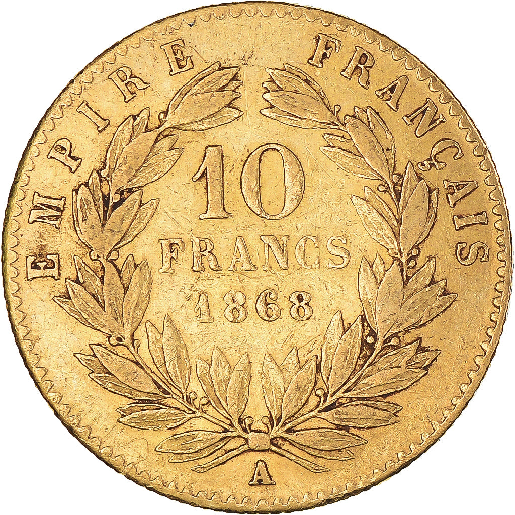 Moeda, França, Napoleon III, 10 Francs, 1868, Paris, EF(40-45), Dourado