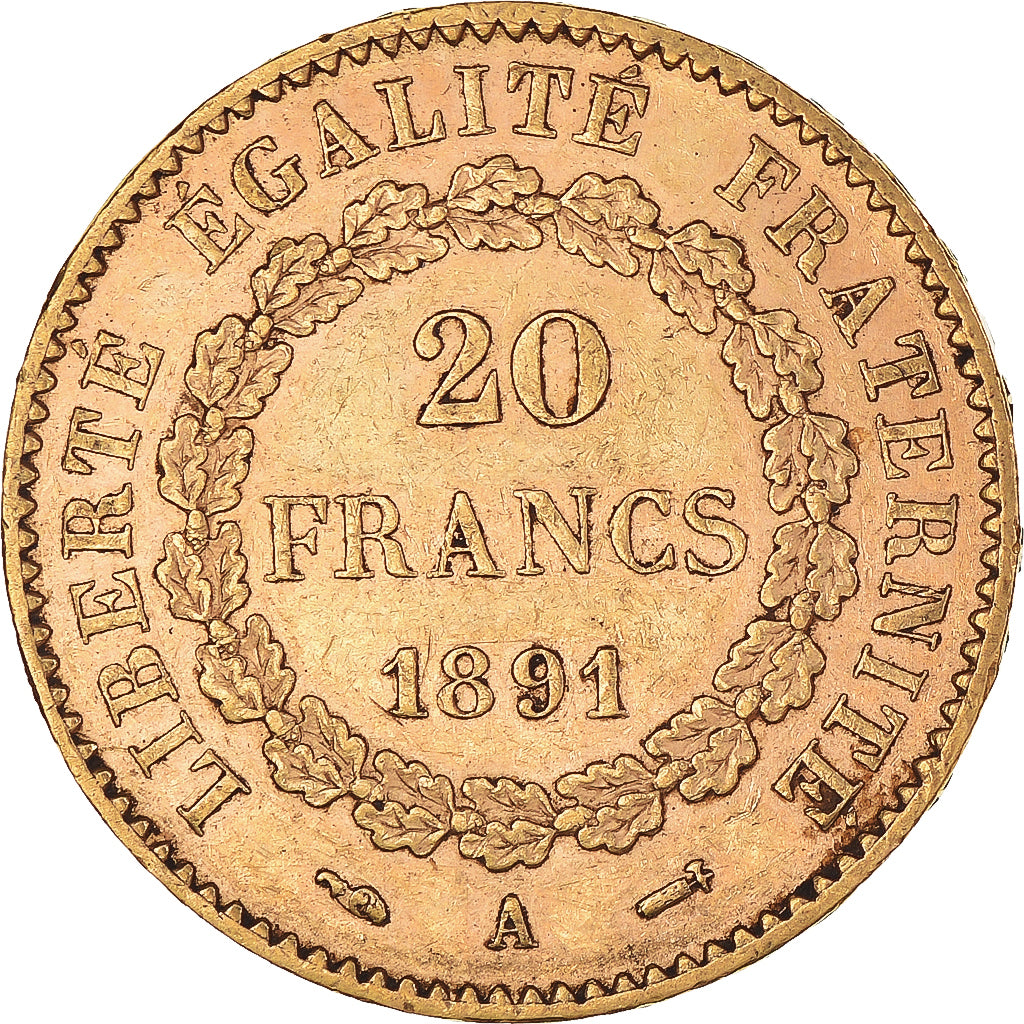 Munten, Frankrijk, Génie, 20 Francs, 1891, Paris, ZF, Goud, KM:825