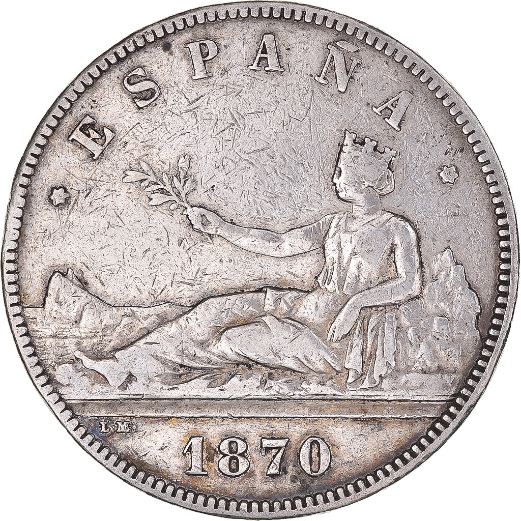 Moeda, Espanha, Provisional Government, 5 Pesetas, 1870, VF(30-35), Prata