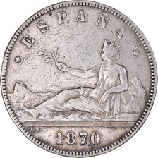 Moeda, Espanha, Provisional Government, 5 Pesetas, 1870, VF(30-35), Prata