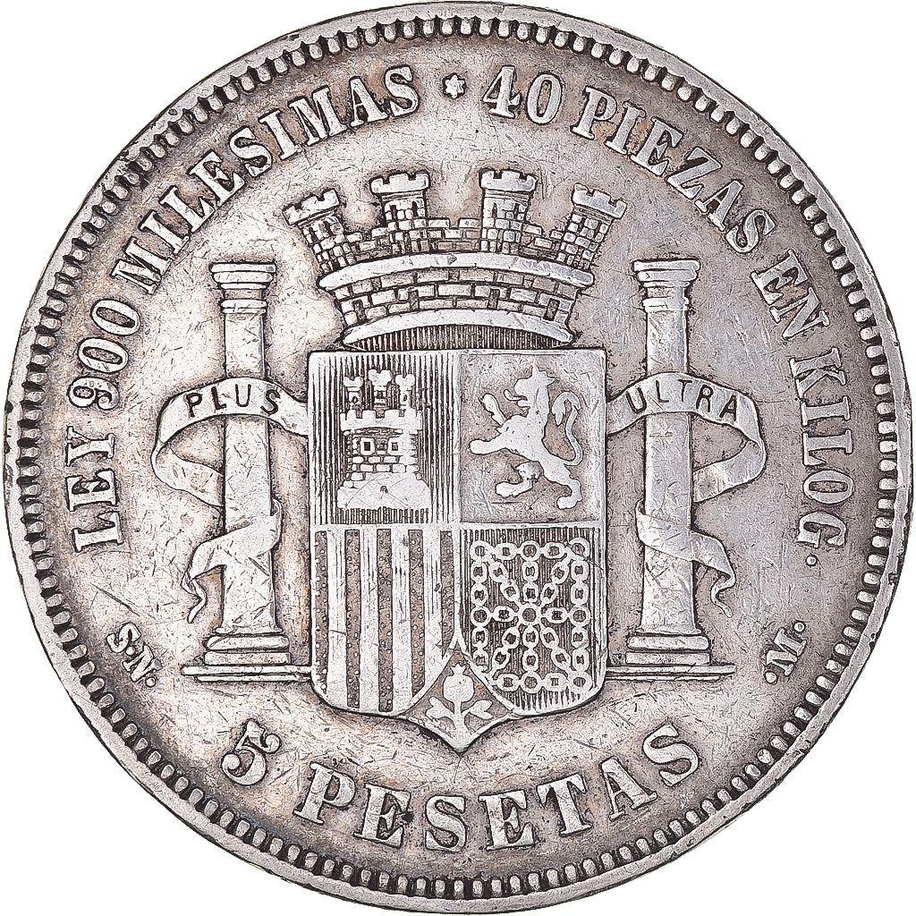 Moeda, Espanha, Provisional Government, 5 Pesetas, 1870, VF(30-35), Prata