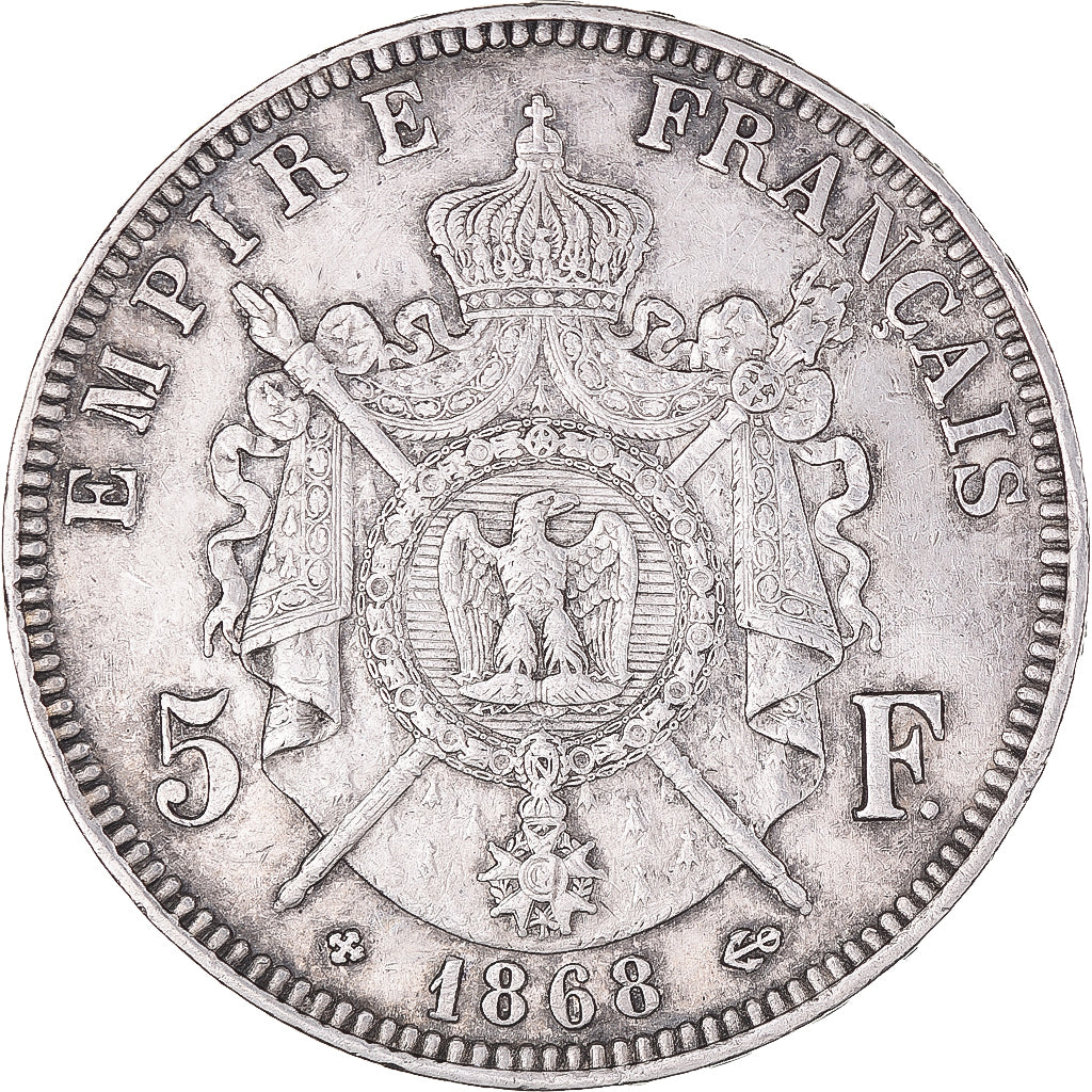 Moeda, França, Napoleon III, 5 Francs, 1868, Strasbourg, VF(30-35), Prata