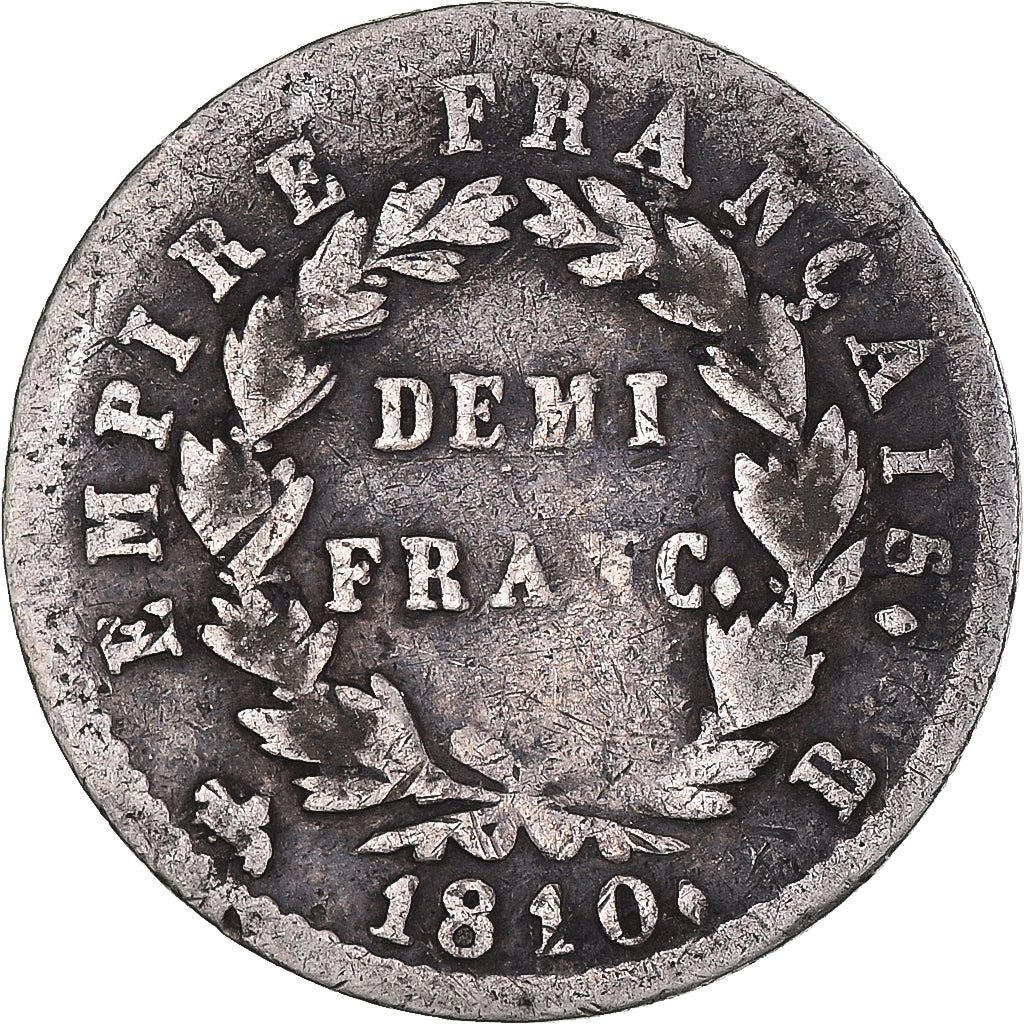 Moneta, Francia, Napoléon I, 1/2 Franc, 1810, Rouen, MB, Argento, KM:691.2