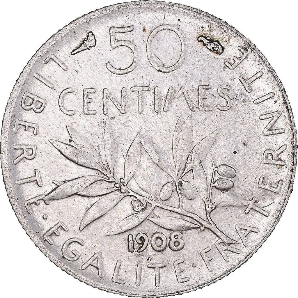 Moneta, Francia, Semeuse, 50 Centimes, 1908, Paris, BB+, Argento, KM:854