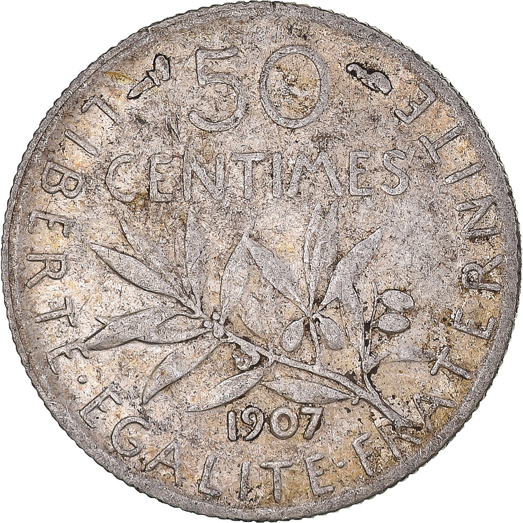 Moneta, Francia, Semeuse, 50 Centimes, 1907, Paris, MB+, Argento, KM:854