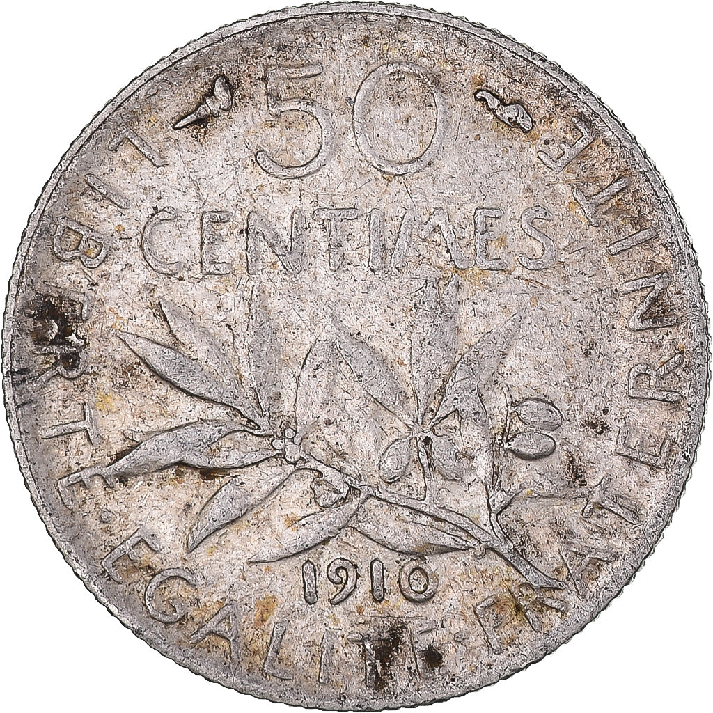 Moneta, Francia, Semeuse, 50 Centimes, 1910, Paris, MB+, Argento, KM:854