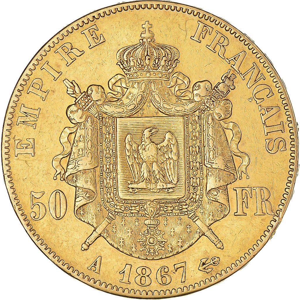 Francia, Napoleon III, 50 Francs, 1867 Paris, BB+, Oro, KM:804.1